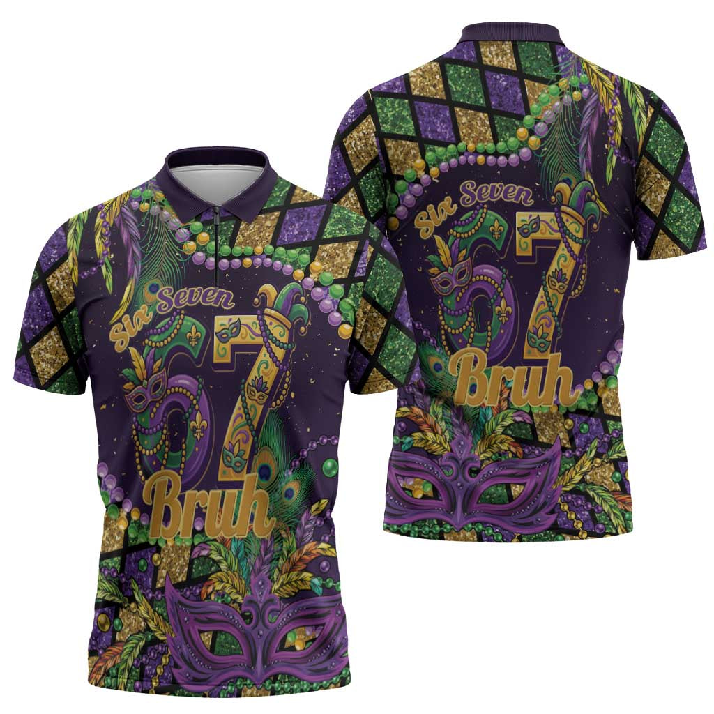 Six Seven Mardi Gras Zipper Polo Shirt 67 Carnival Mask Beads - Wonder Print Shop