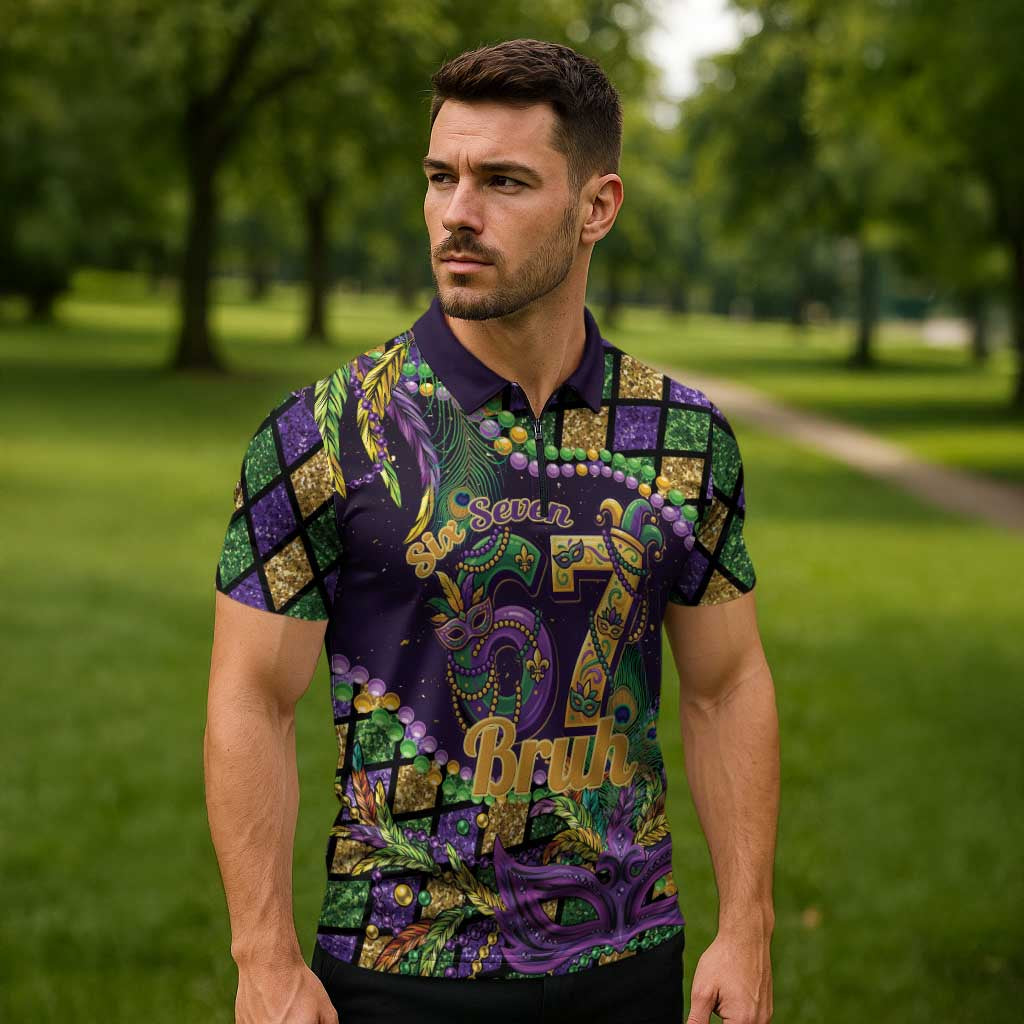 Six Seven Mardi Gras Zipper Polo Shirt 67 Carnival Mask Beads - Wonder Print Shop