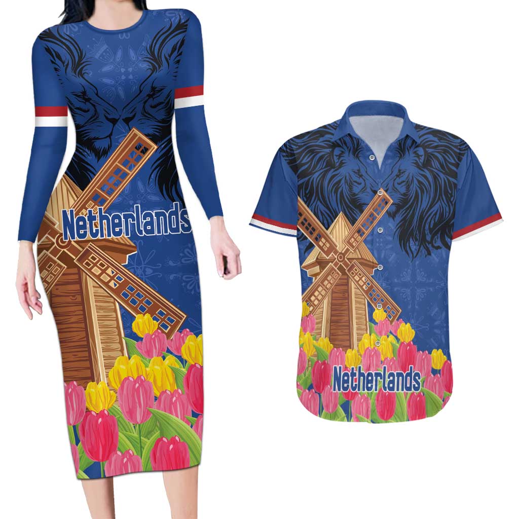 Netherlands Lion Couples Matching Long Sleeve Bodycon Dress and Hawaiian Shirt Tulip And Windmill