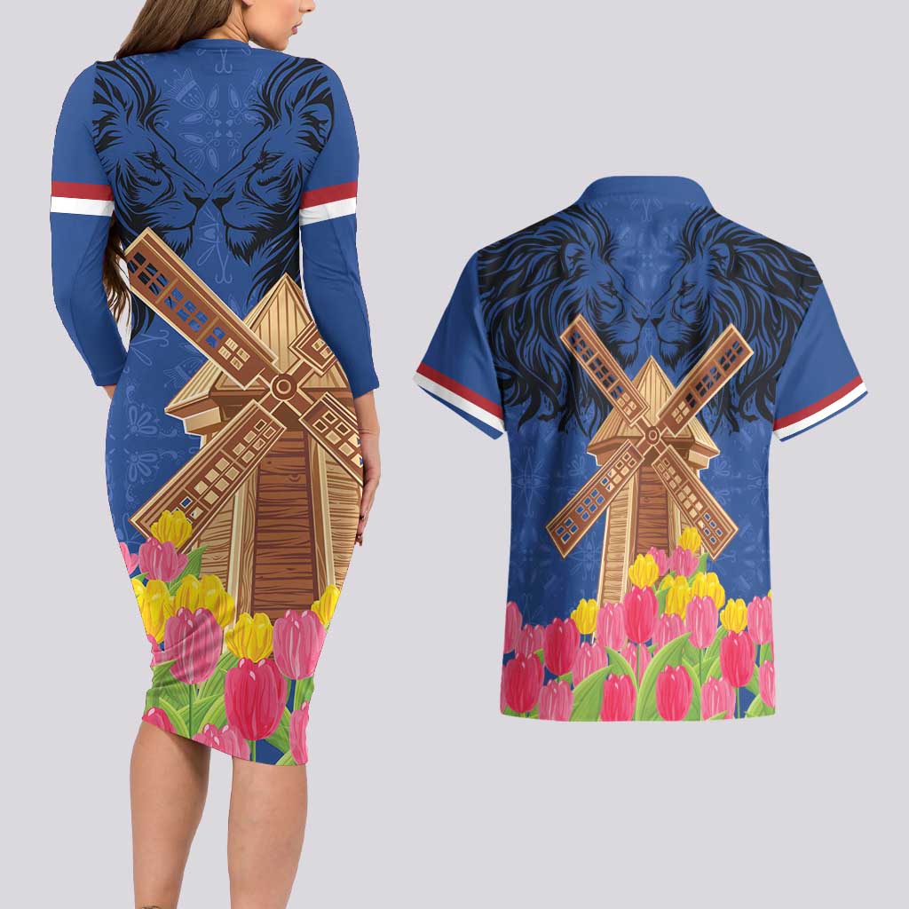 Netherlands Lion Couples Matching Long Sleeve Bodycon Dress and Hawaiian Shirt Tulip And Windmill