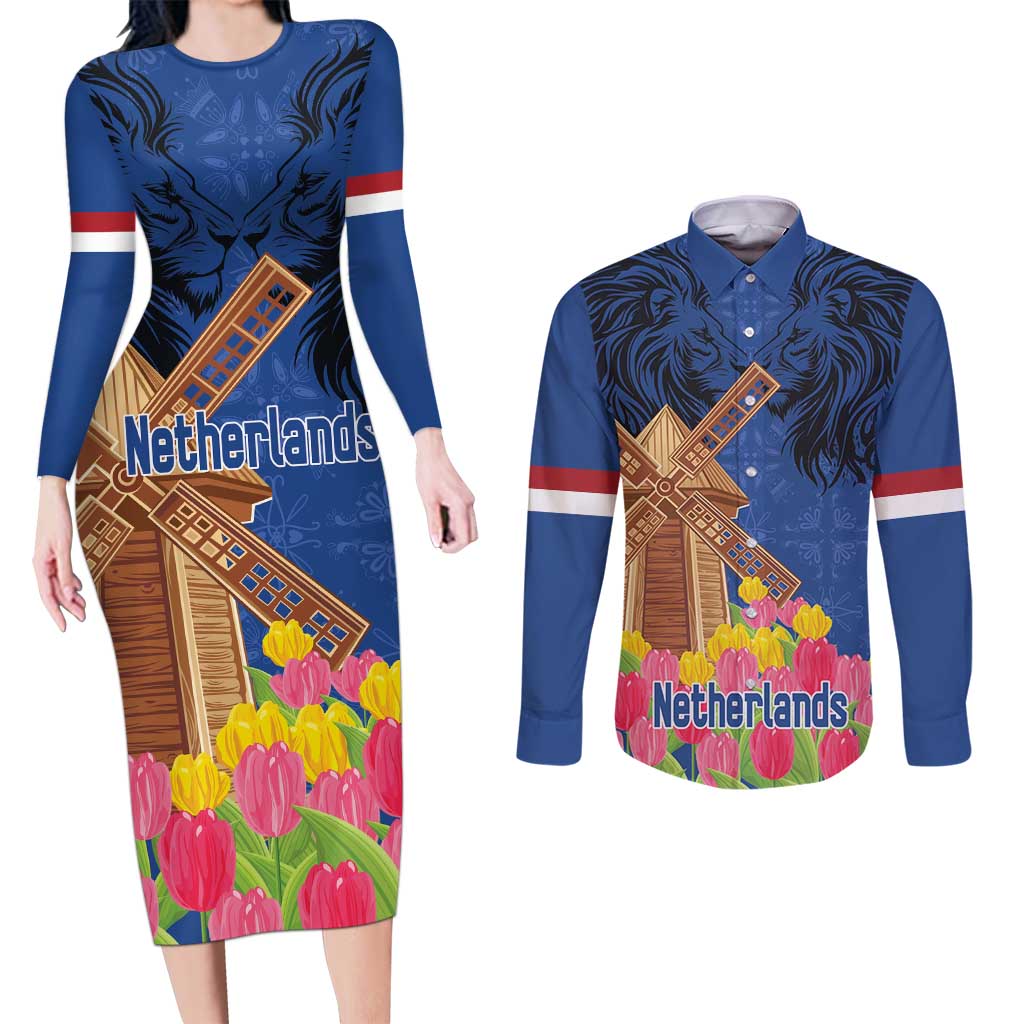 Netherlands Lion Couples Matching Long Sleeve Bodycon Dress and Long Sleeve Button Shirt Tulip And Windmill