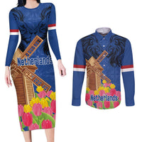 Netherlands Lion Couples Matching Long Sleeve Bodycon Dress and Long Sleeve Button Shirt Tulip And Windmill