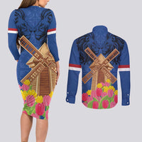 Netherlands Lion Couples Matching Long Sleeve Bodycon Dress and Long Sleeve Button Shirt Tulip And Windmill