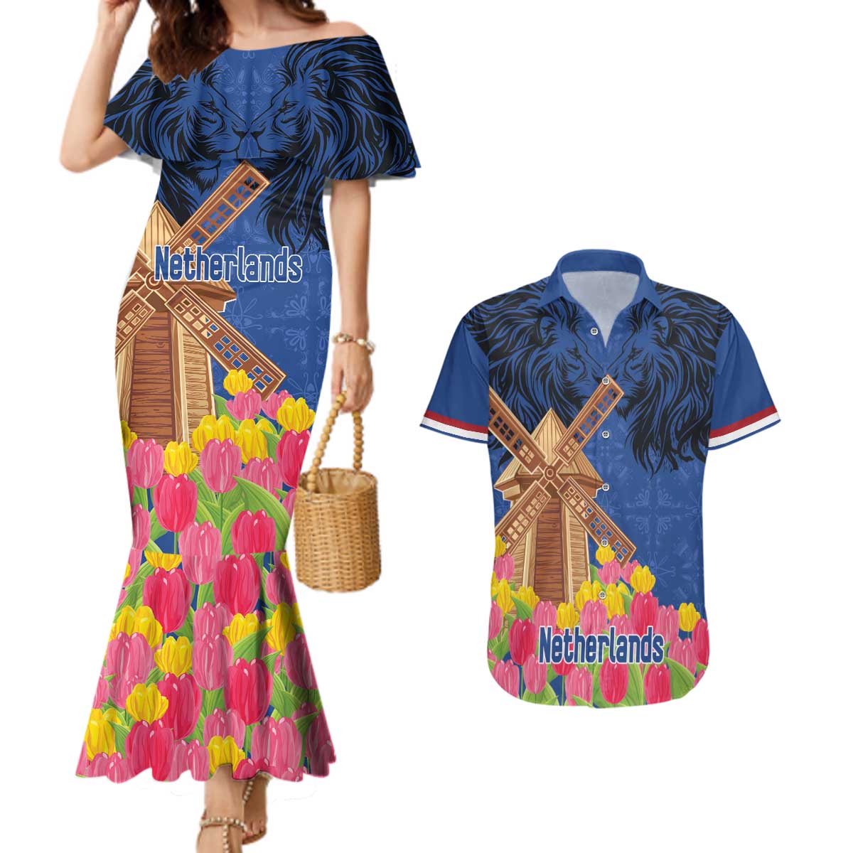 Netherlands Lion Couples Matching Mermaid Dress and Hawaiian Shirt Tulip And Windmill