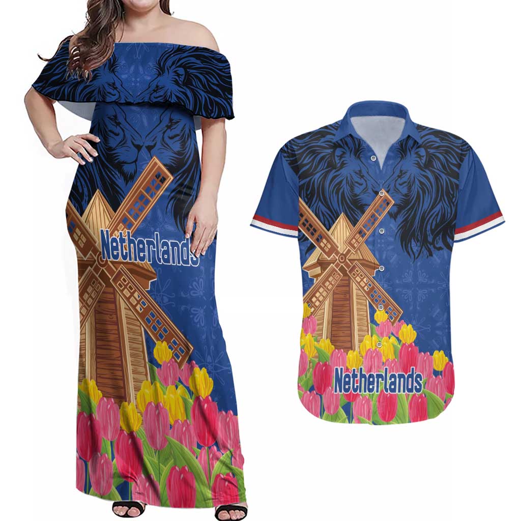 Netherlands Lion Couples Matching Off Shoulder Maxi Dress and Hawaiian Shirt Tulip And Windmill