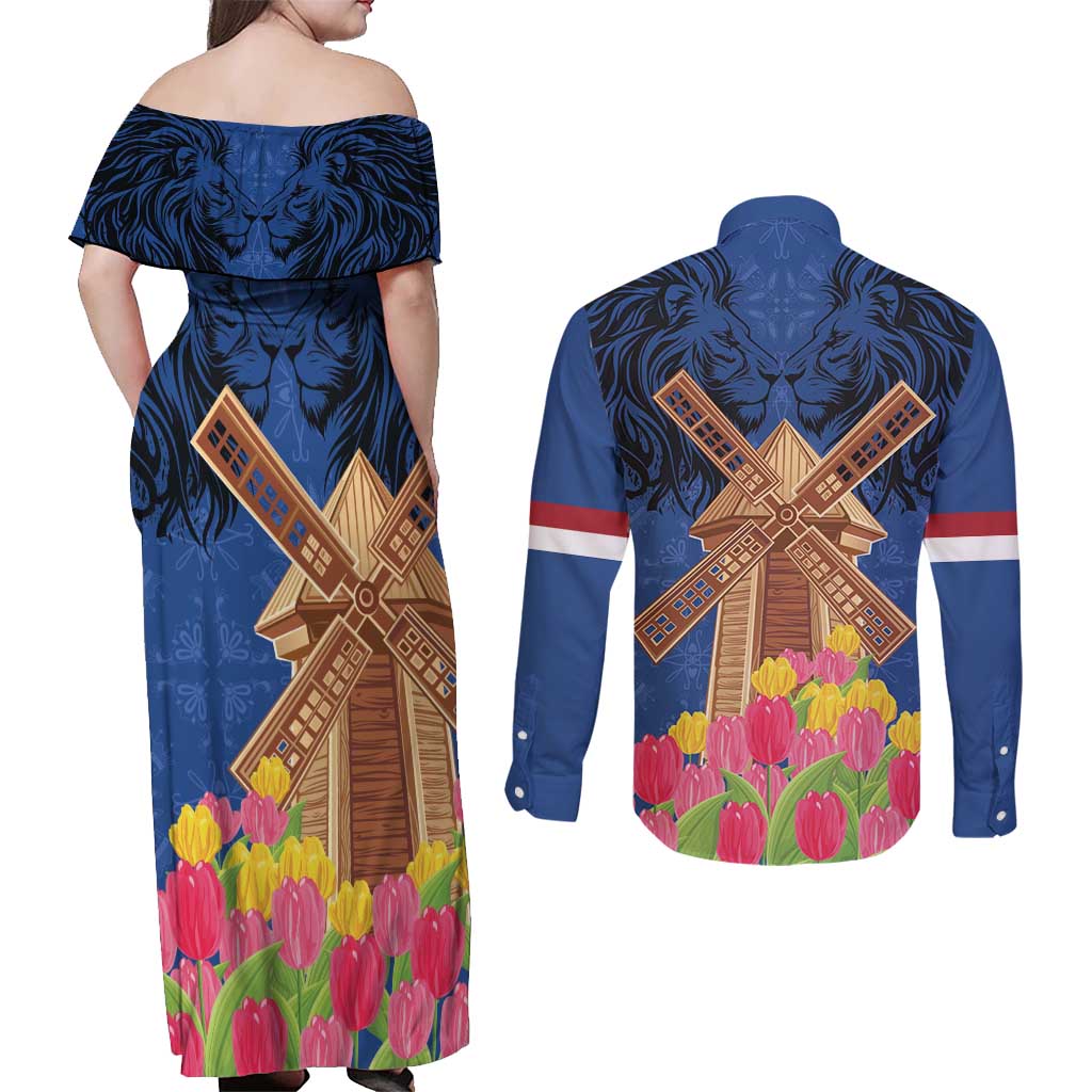 Netherlands Lion Couples Matching Off Shoulder Maxi Dress and Long Sleeve Button Shirt Tulip And Windmill