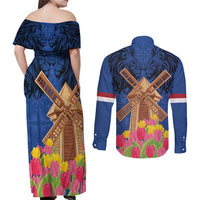 Netherlands Lion Couples Matching Off Shoulder Maxi Dress and Long Sleeve Button Shirt Tulip And Windmill