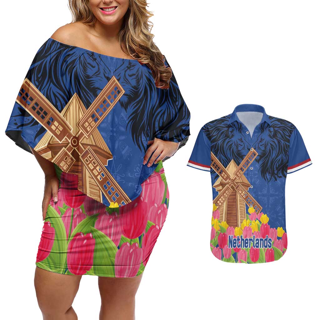 Netherlands Lion Couples Matching Off Shoulder Short Dress and Hawaiian Shirt Tulip And Windmill