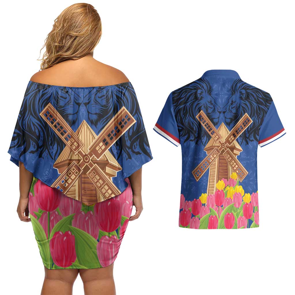 Netherlands Lion Couples Matching Off Shoulder Short Dress and Hawaiian Shirt Tulip And Windmill