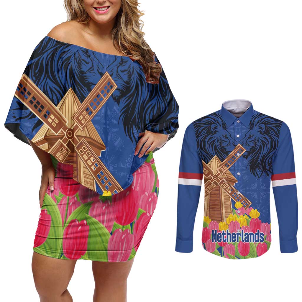 Netherlands Lion Couples Matching Off Shoulder Short Dress and Long Sleeve Button Shirt Tulip And Windmill