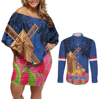 Netherlands Lion Couples Matching Off Shoulder Short Dress and Long Sleeve Button Shirt Tulip And Windmill