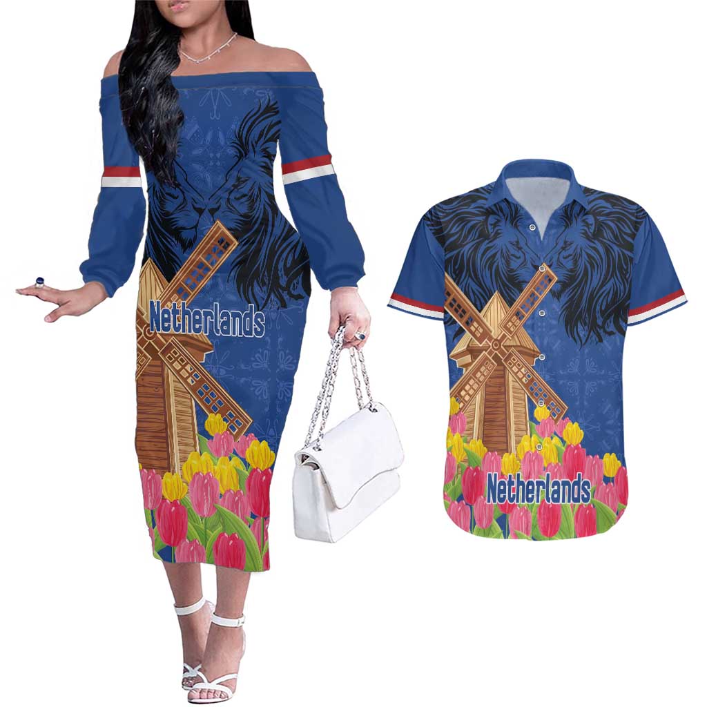 Netherlands Lion Couples Matching Off The Shoulder Long Sleeve Dress and Hawaiian Shirt Tulip And Windmill