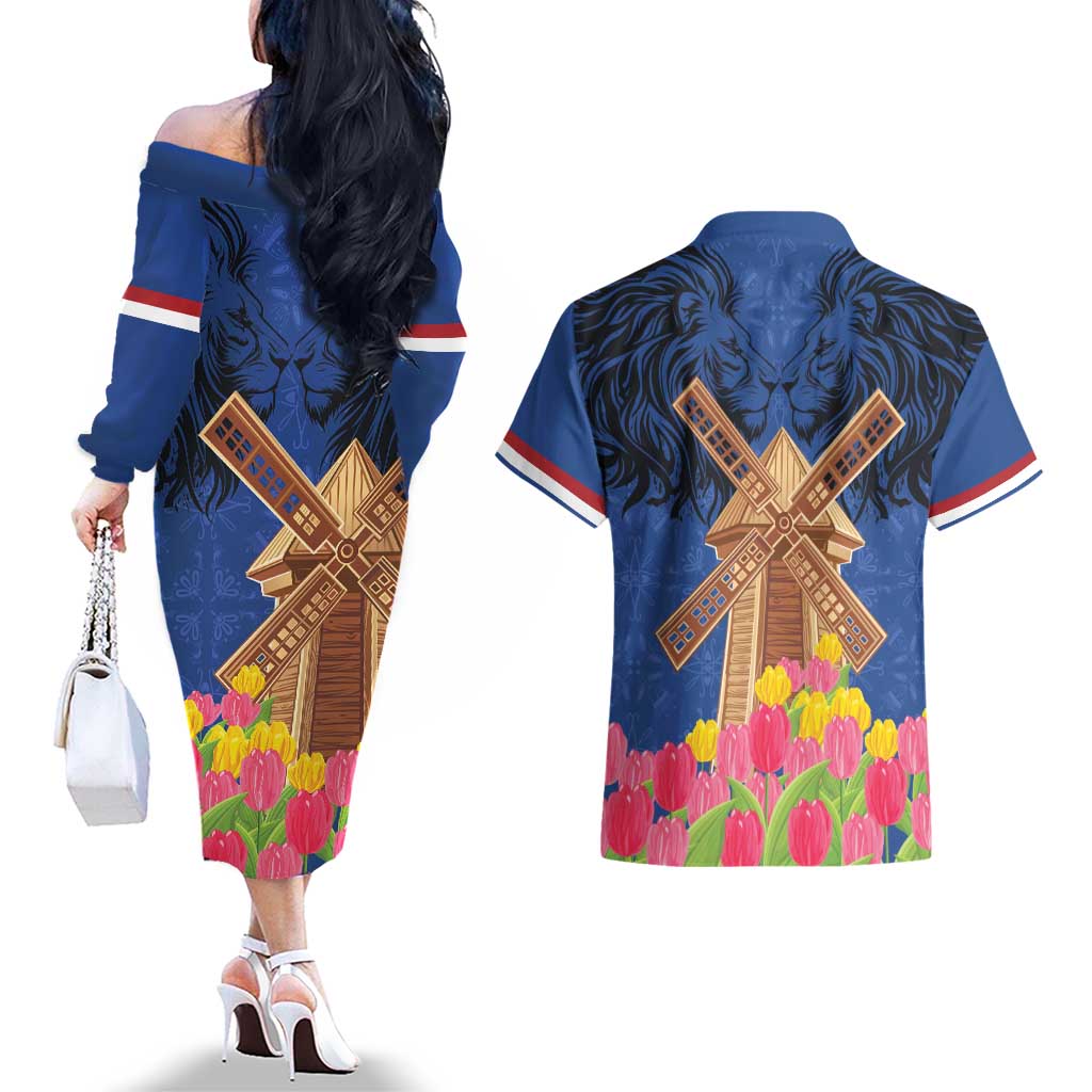 Netherlands Lion Couples Matching Off The Shoulder Long Sleeve Dress and Hawaiian Shirt Tulip And Windmill