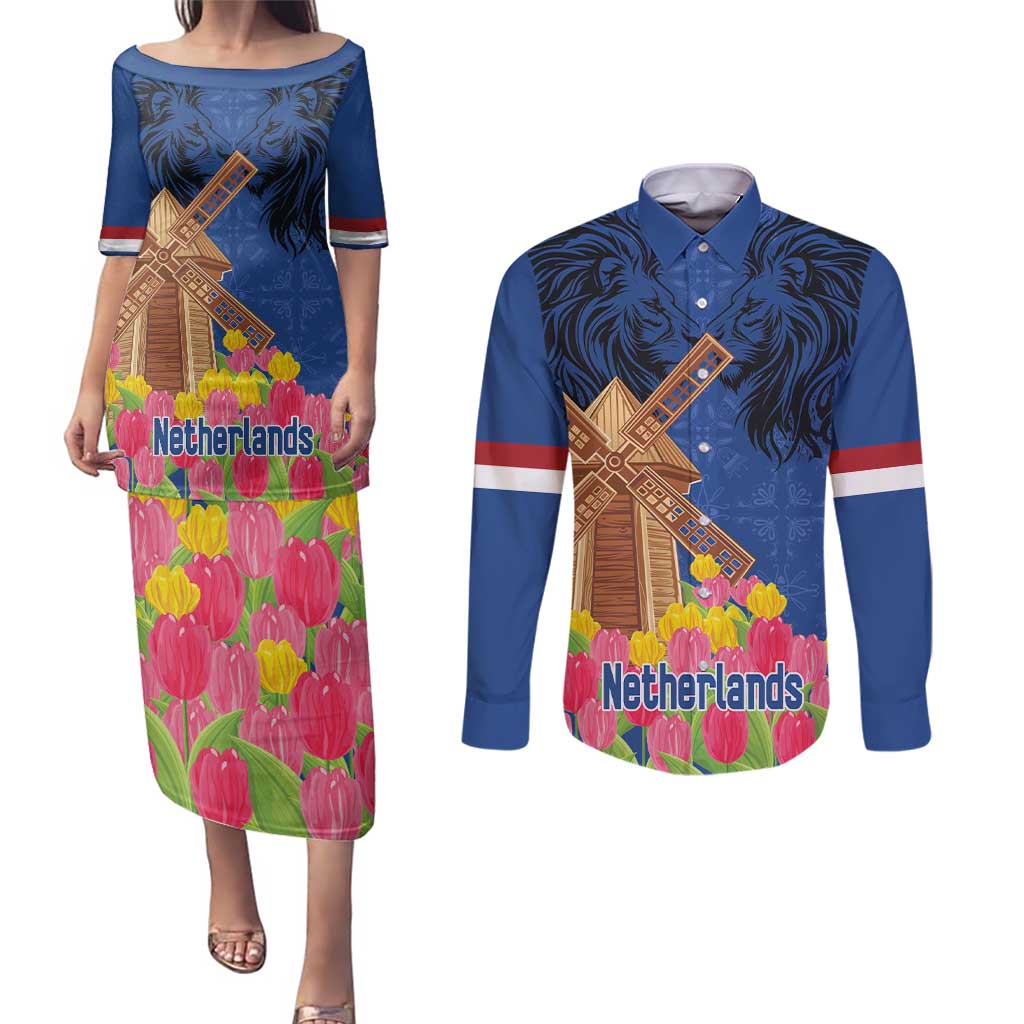 Netherlands Lion Couples Matching Puletasi and Long Sleeve Button Shirt Tulip And Windmill