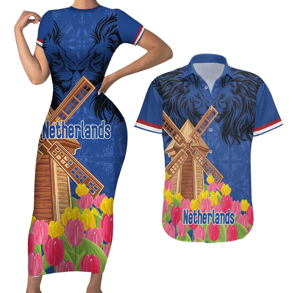 Netherlands Lion Couples Matching Short Sleeve Bodycon Dress and Hawaiian Shirt Tulip And Windmill
