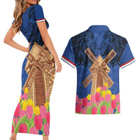 Netherlands Lion Couples Matching Short Sleeve Bodycon Dress and Hawaiian Shirt Tulip And Windmill