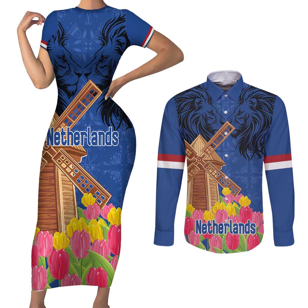 Netherlands Lion Couples Matching Short Sleeve Bodycon Dress and Long Sleeve Button Shirt Tulip And Windmill