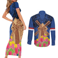 Netherlands Lion Couples Matching Short Sleeve Bodycon Dress and Long Sleeve Button Shirt Tulip And Windmill
