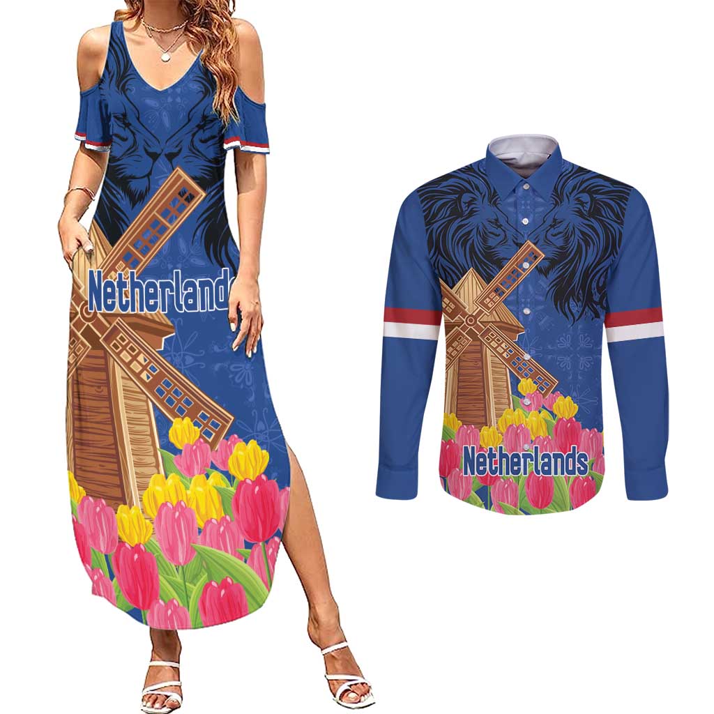Netherlands Lion Couples Matching Summer Maxi Dress and Long Sleeve Button Shirt Tulip And Windmill