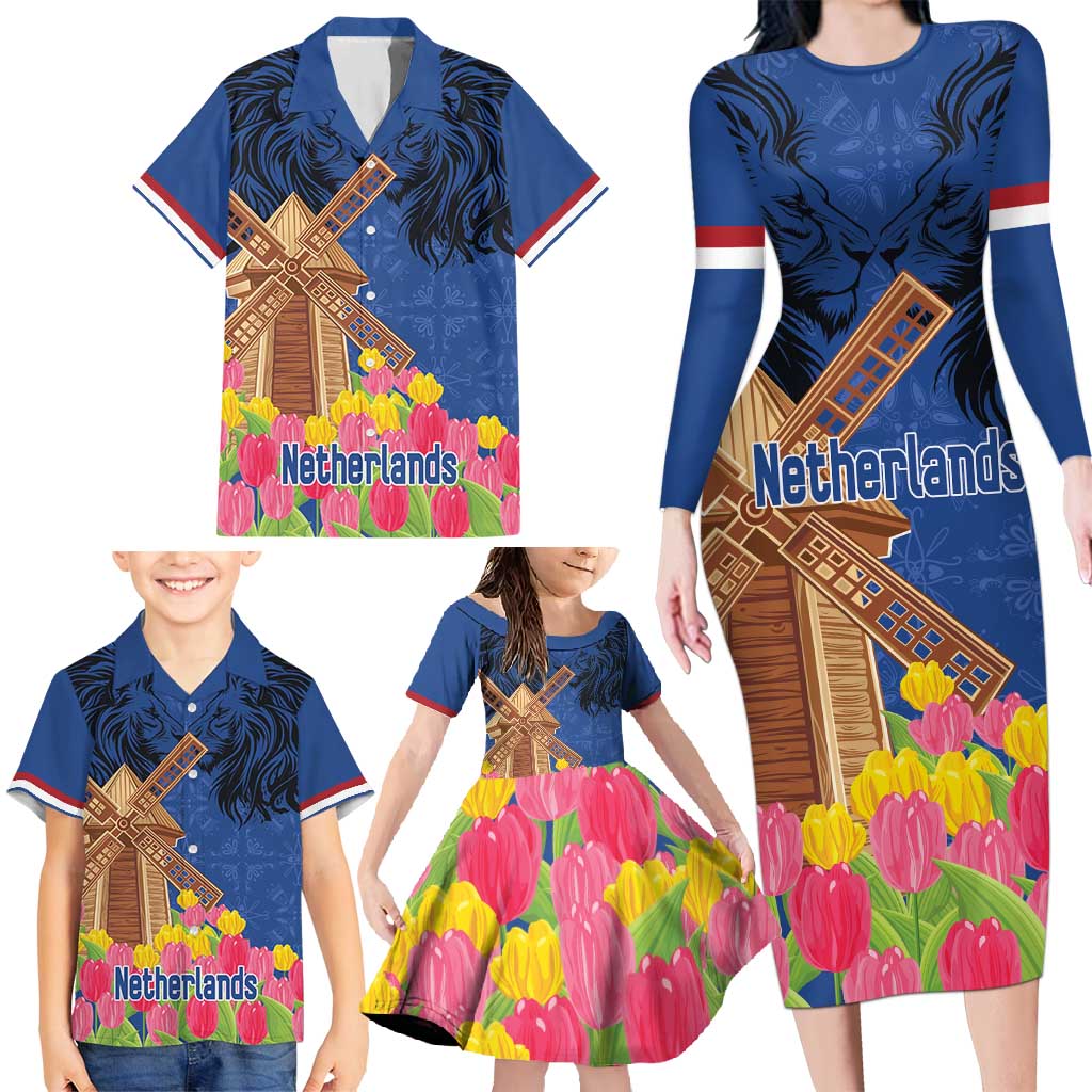 Netherlands Lion Family Matching Long Sleeve Bodycon Dress and Hawaiian Shirt Tulip And Windmill