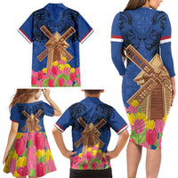 Netherlands Lion Family Matching Long Sleeve Bodycon Dress and Hawaiian Shirt Tulip And Windmill