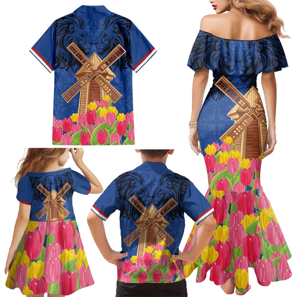 Netherlands Lion Family Matching Mermaid Dress and Hawaiian Shirt Tulip And Windmill