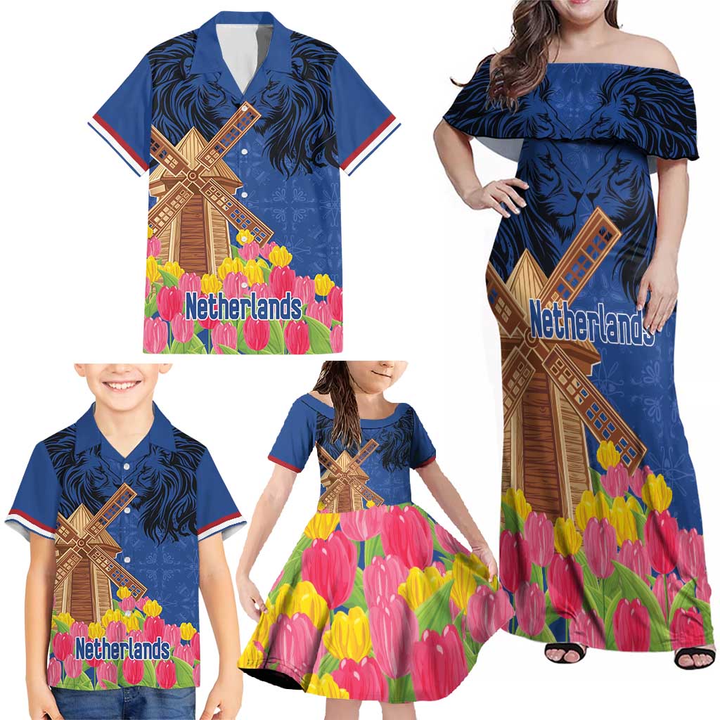 Netherlands Lion Family Matching Off Shoulder Maxi Dress and Hawaiian Shirt Tulip And Windmill