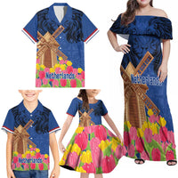 Netherlands Lion Family Matching Off Shoulder Maxi Dress and Hawaiian Shirt Tulip And Windmill