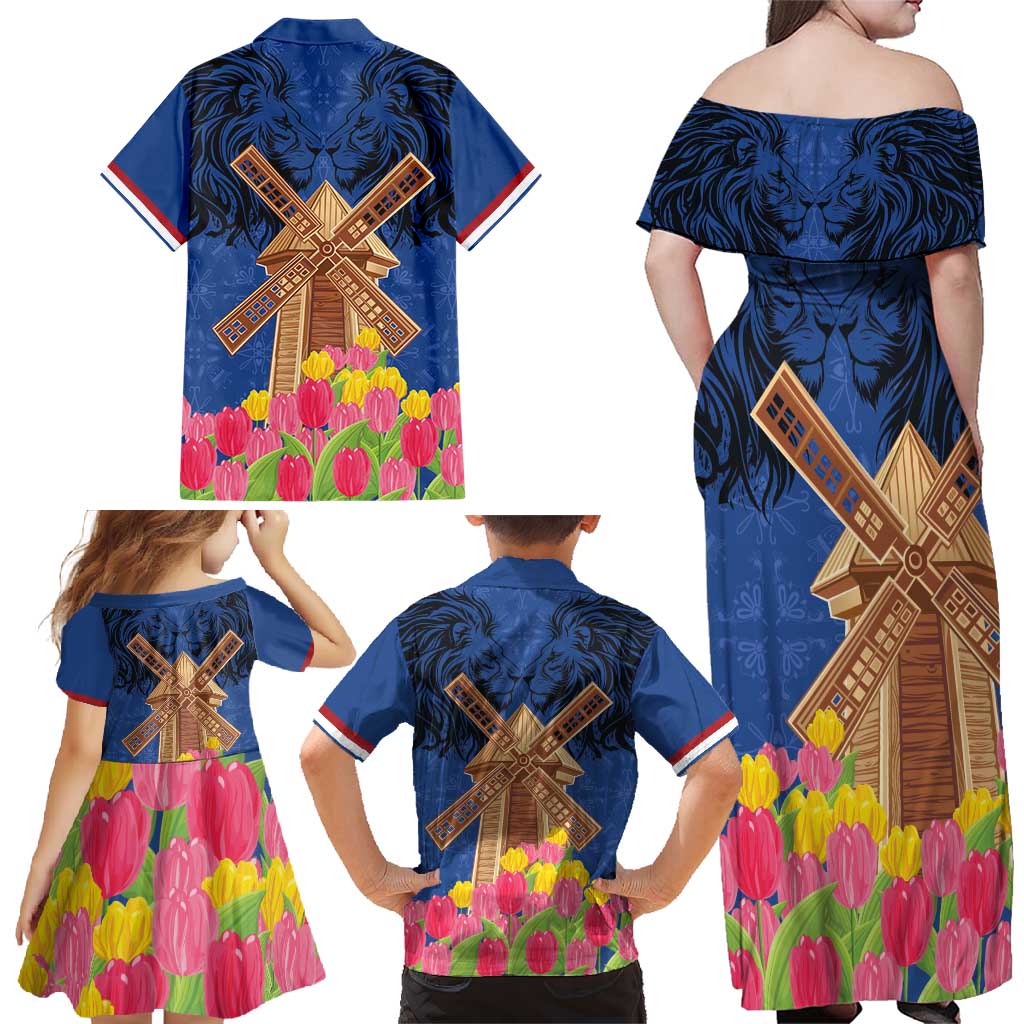 Netherlands Lion Family Matching Off Shoulder Maxi Dress and Hawaiian Shirt Tulip And Windmill