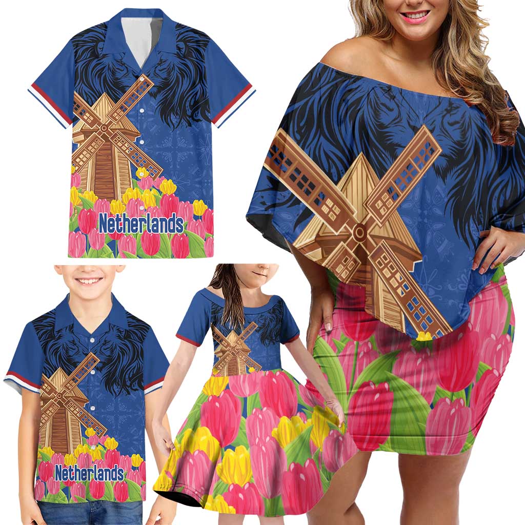 Netherlands Lion Family Matching Off Shoulder Short Dress and Hawaiian Shirt Tulip And Windmill