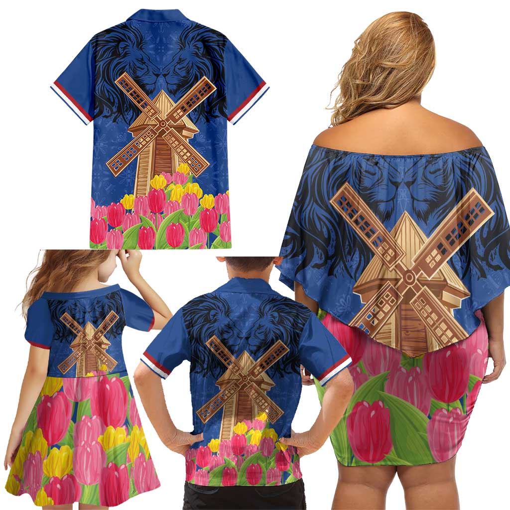 Netherlands Lion Family Matching Off Shoulder Short Dress and Hawaiian Shirt Tulip And Windmill