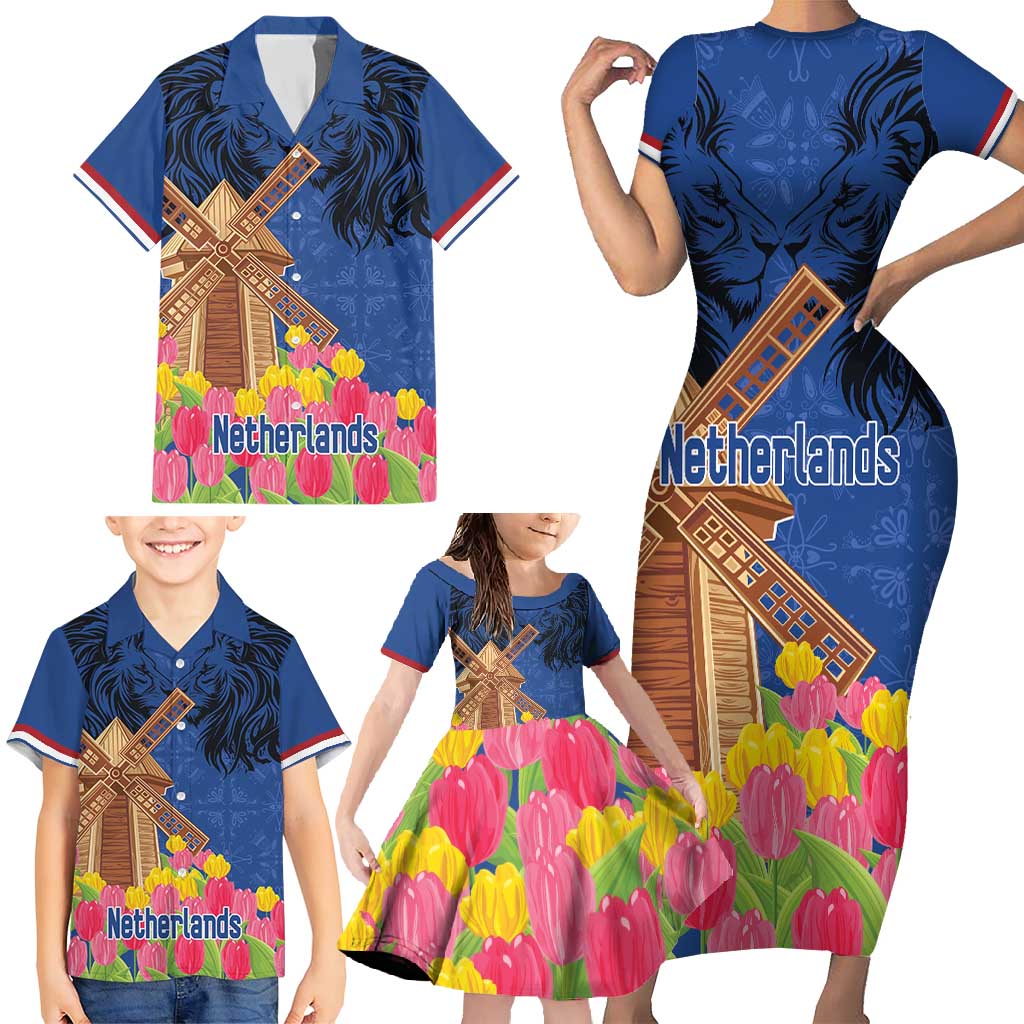 Netherlands Lion Family Matching Short Sleeve Bodycon Dress and Hawaiian Shirt Tulip And Windmill