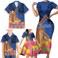 Netherlands Lion Family Matching Short Sleeve Bodycon Dress and Hawaiian Shirt Tulip And Windmill