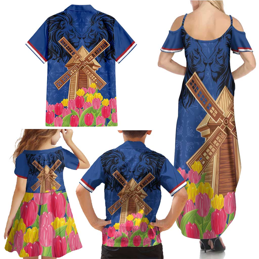 Netherlands Lion Family Matching Summer Maxi Dress and Hawaiian Shirt Tulip And Windmill