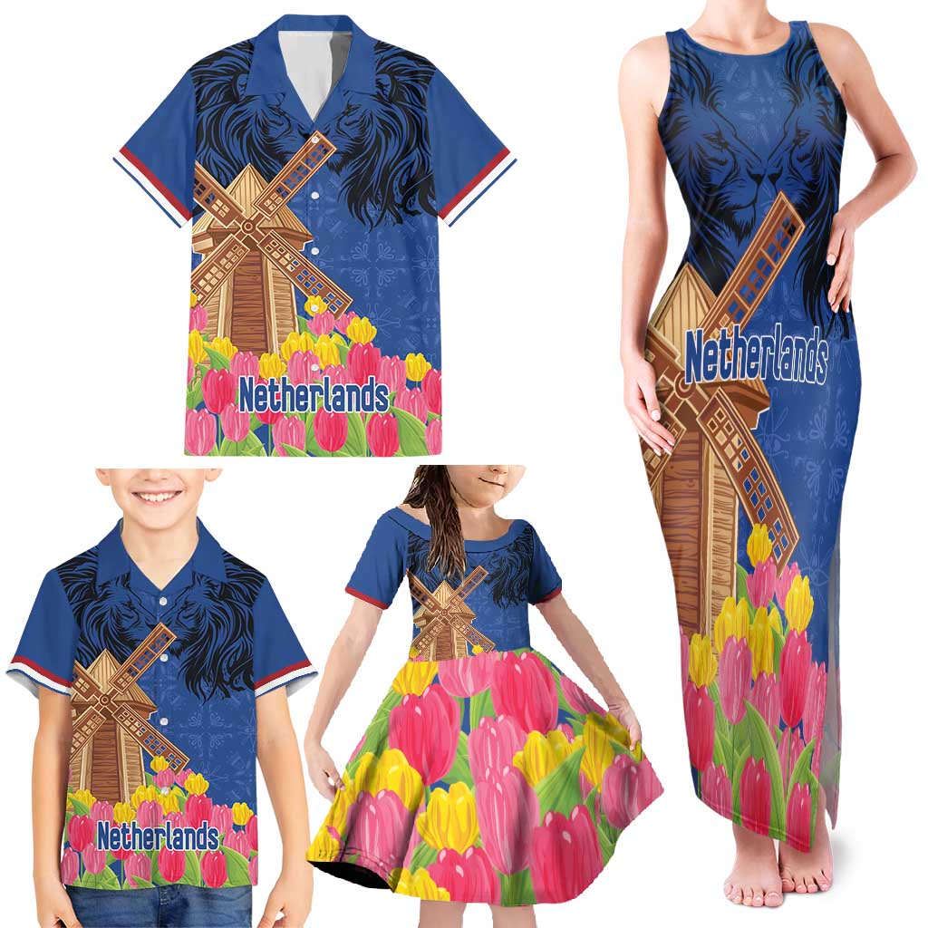 Netherlands Lion Family Matching Tank Maxi Dress and Hawaiian Shirt Tulip And Windmill