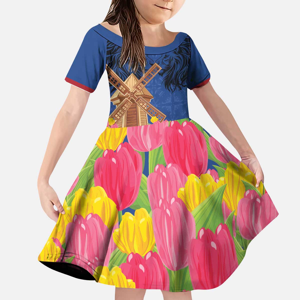 Netherlands Lion Kid Short Sleeve Dress Tulip And Windmill