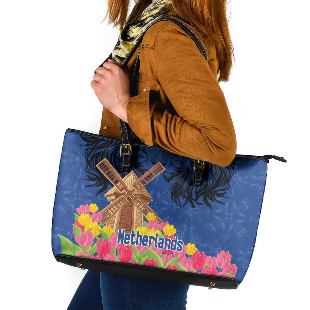 Netherlands Lion Leather Tote Bag Tulip And Windmill
