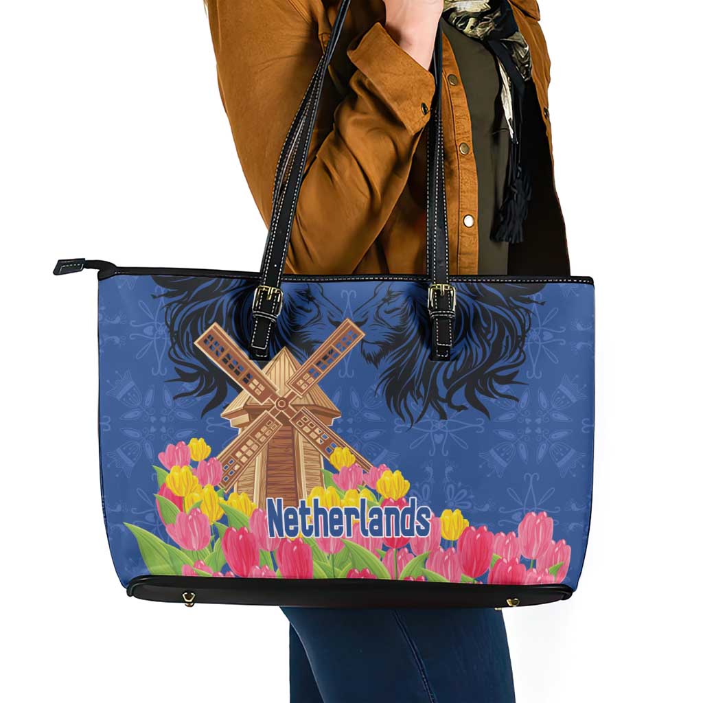 Netherlands Lion Leather Tote Bag Tulip And Windmill