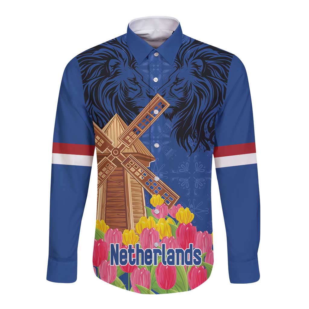 Netherlands Lion Long Sleeve Button Shirt Tulip And Windmill