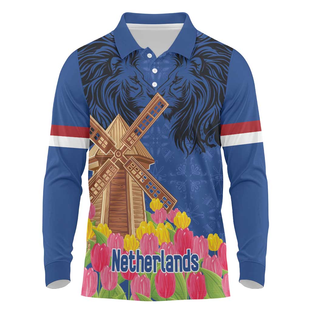 Netherlands Lion Long Sleeve Polo Shirt Tulip And Windmill