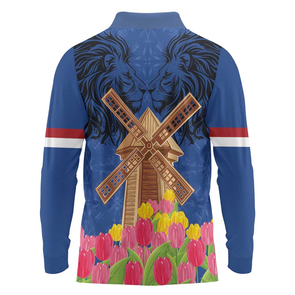 Netherlands Lion Long Sleeve Polo Shirt Tulip And Windmill