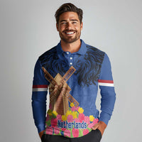 Netherlands Lion Long Sleeve Polo Shirt Tulip And Windmill
