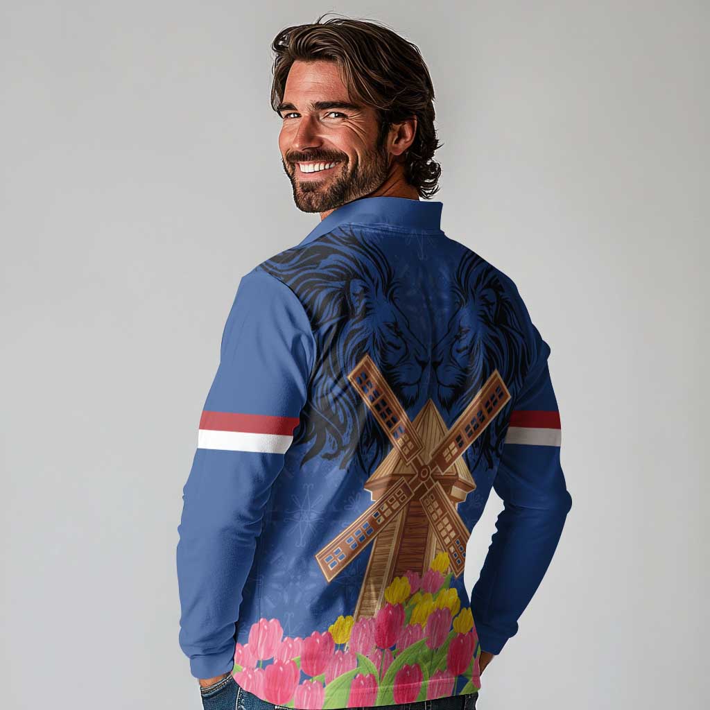 Netherlands Lion Long Sleeve Polo Shirt Tulip And Windmill