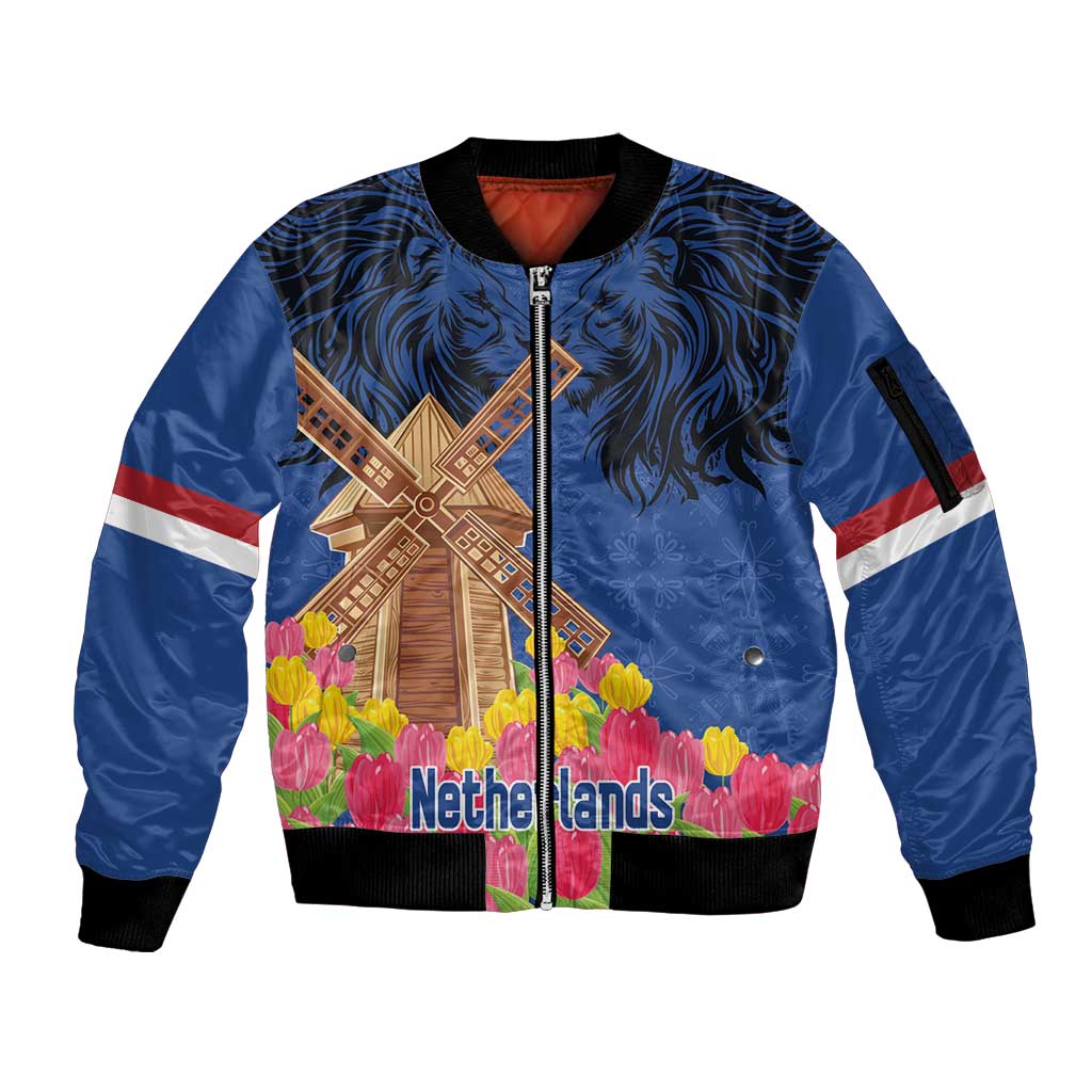 Netherlands Lion Sleeve Zip Bomber Jacket Tulip And Windmill
