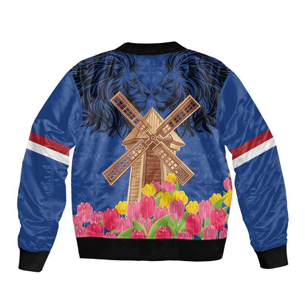 Netherlands Lion Sleeve Zip Bomber Jacket Tulip And Windmill