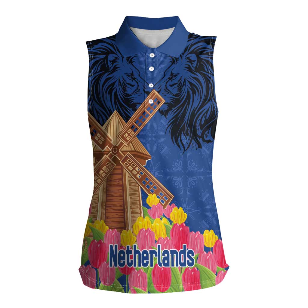 Netherlands Lion Women Sleeveless Polo Shirt Tulip And Windmill