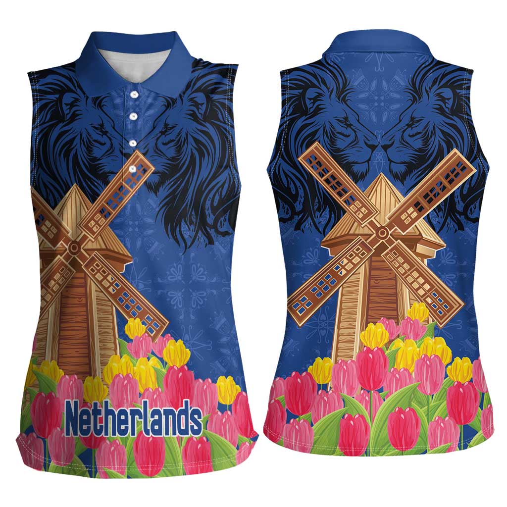 Netherlands Lion Women Sleeveless Polo Shirt Tulip And Windmill