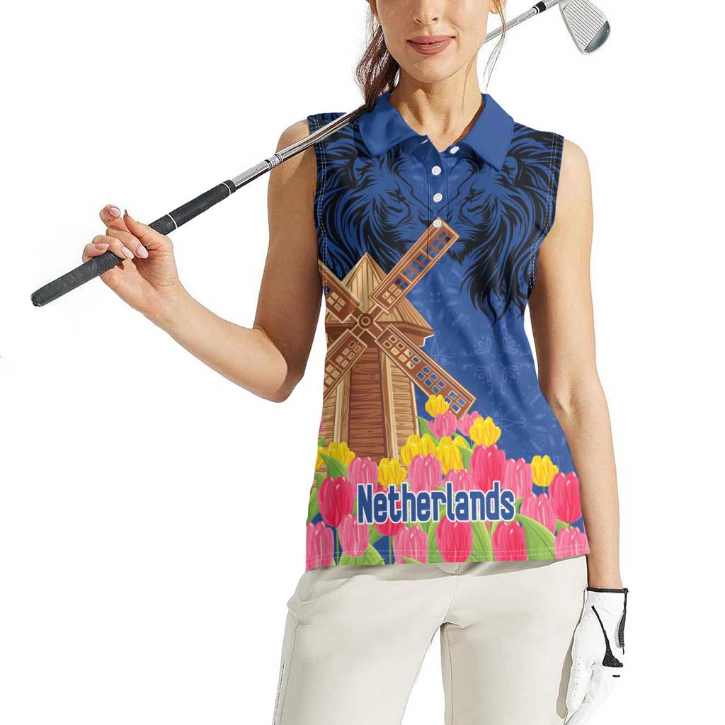 Netherlands Lion Women Sleeveless Polo Shirt Tulip And Windmill
