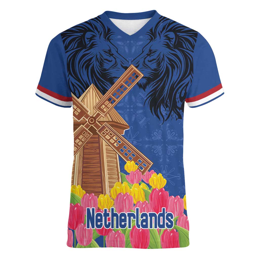 Netherlands Lion Women V-Neck T-Shirt Tulip And Windmill