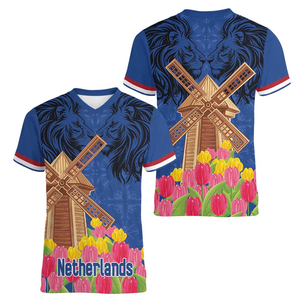 Netherlands Lion Women V-Neck T-Shirt Tulip And Windmill